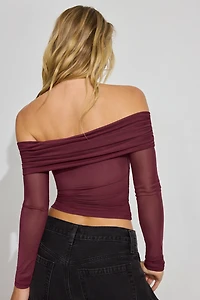 Mesh Long Sleeve Off Shoulder Top