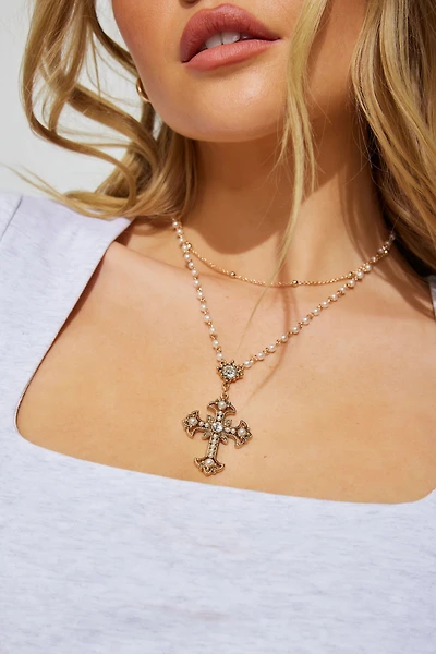 Set of 2 Pearl & Cross Rosary Necklace 