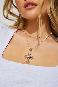 Set of 2 Pearl & Cross Rosary Necklace 