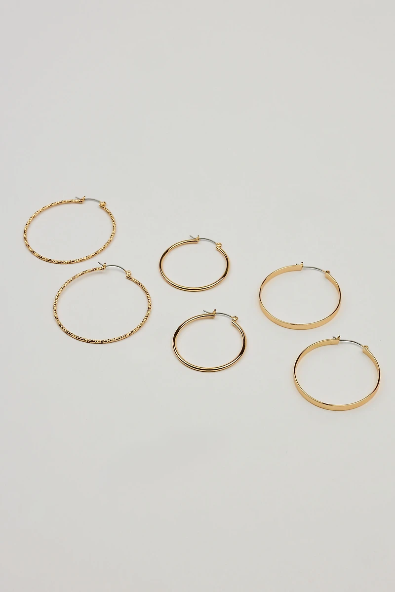 3 Pack Smooth & Textured Hoop Earrings