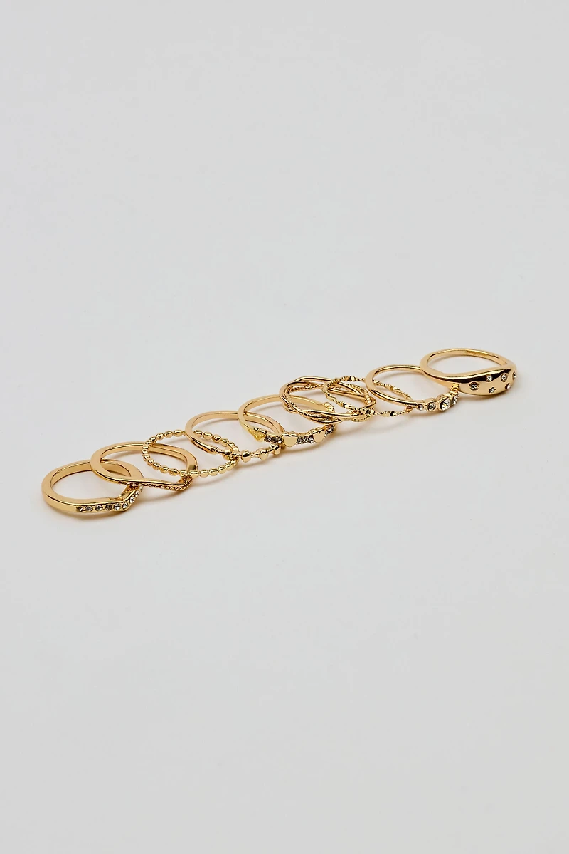 Set of 9 Gemmed & Textured Rings