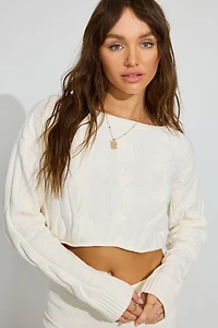 Cropped Cable Crewneck Sweater