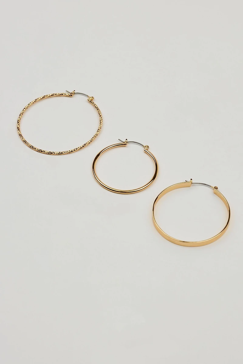 3 Pack Smooth & Textured Hoop Earrings