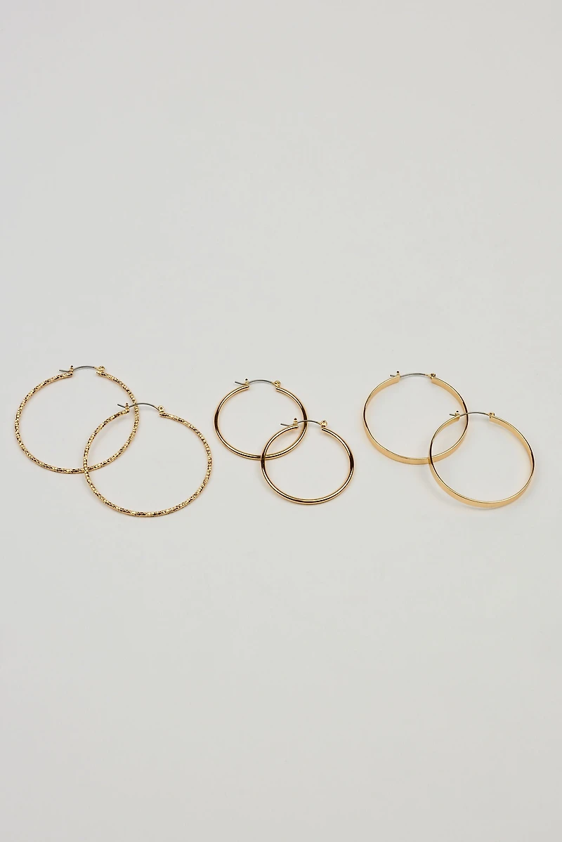 3 Pack Smooth & Textured Hoop Earrings