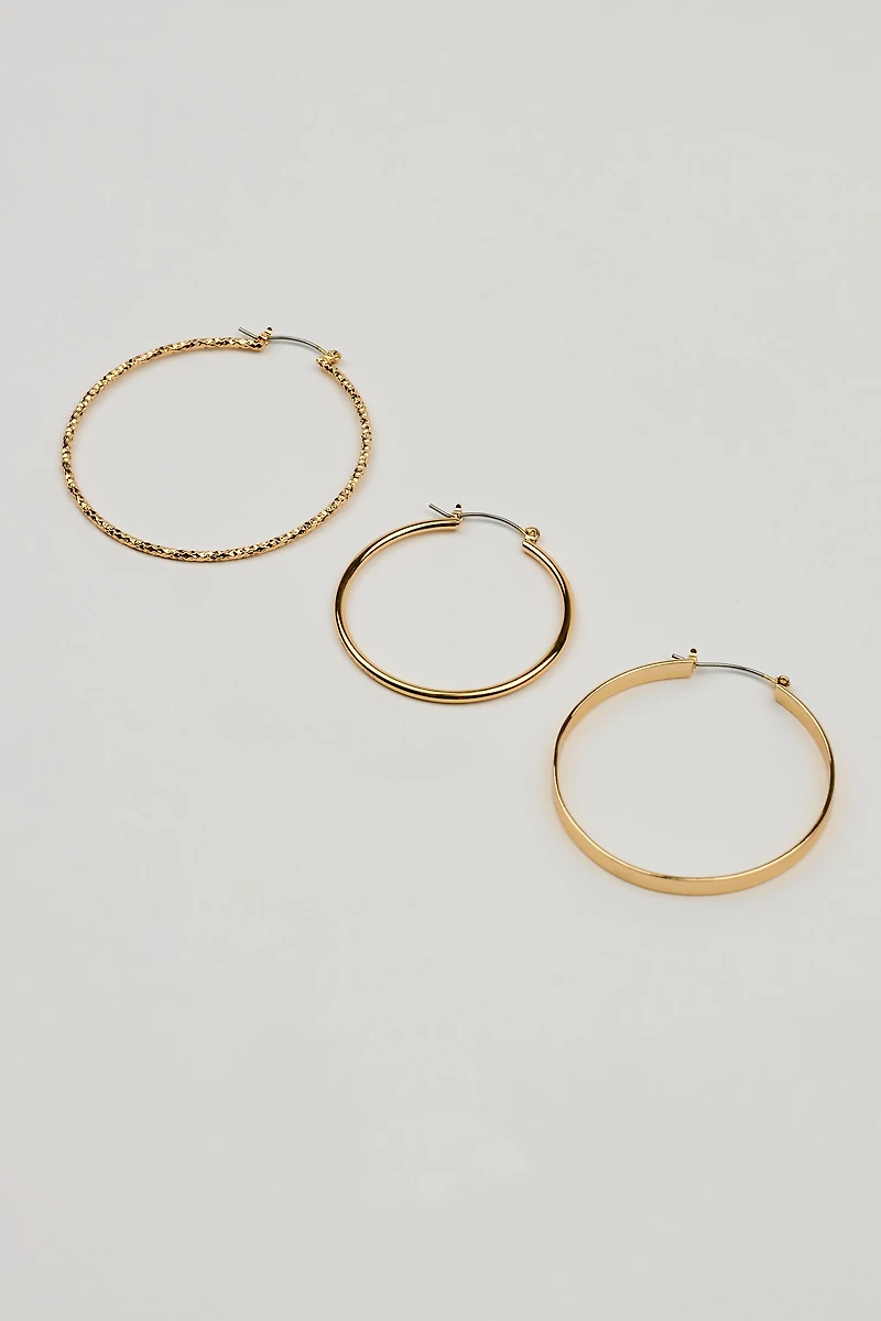 3 Pack Smooth & Textured Hoop Earrings