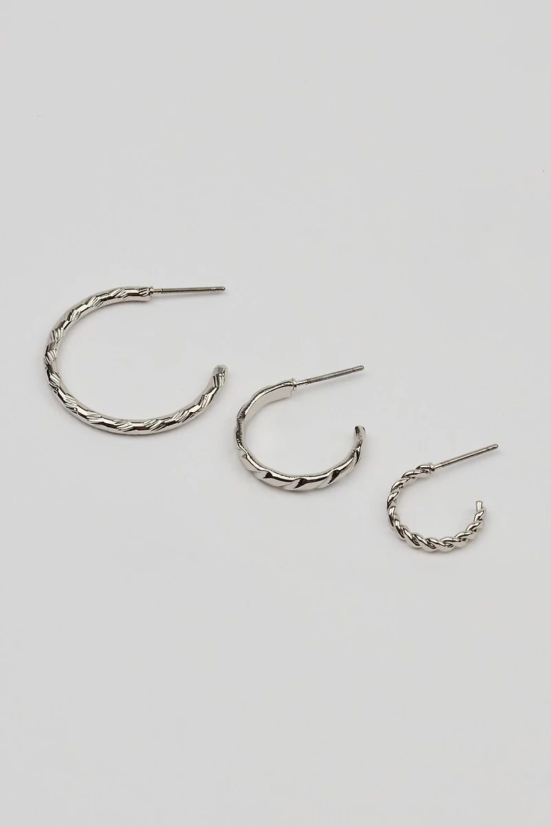 Ensemble de 3 paires d'anneaux d'oreilles ouverts et texturés