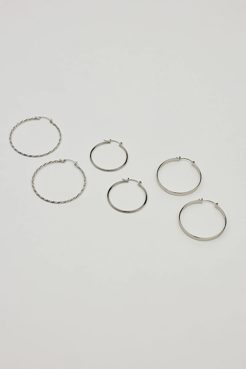 3 Pack Smooth & Textured Hoop Earrings