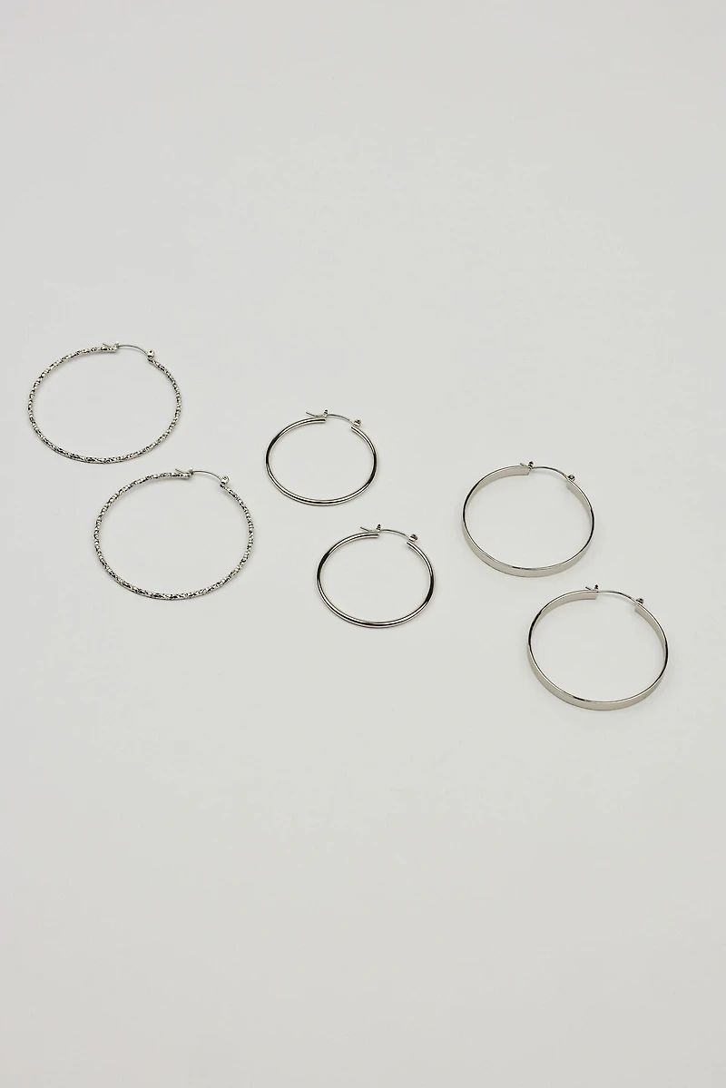 3 Pack Smooth & Textured Hoop Earrings