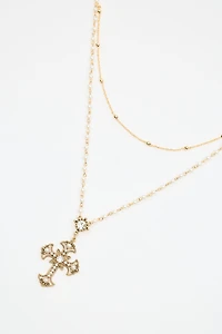 Set of 2 Pearl & Cross Rosary Necklace 
