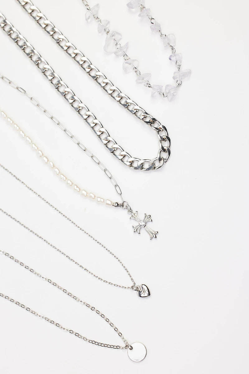 Set of 5 Cross & Pearl Necklaces
