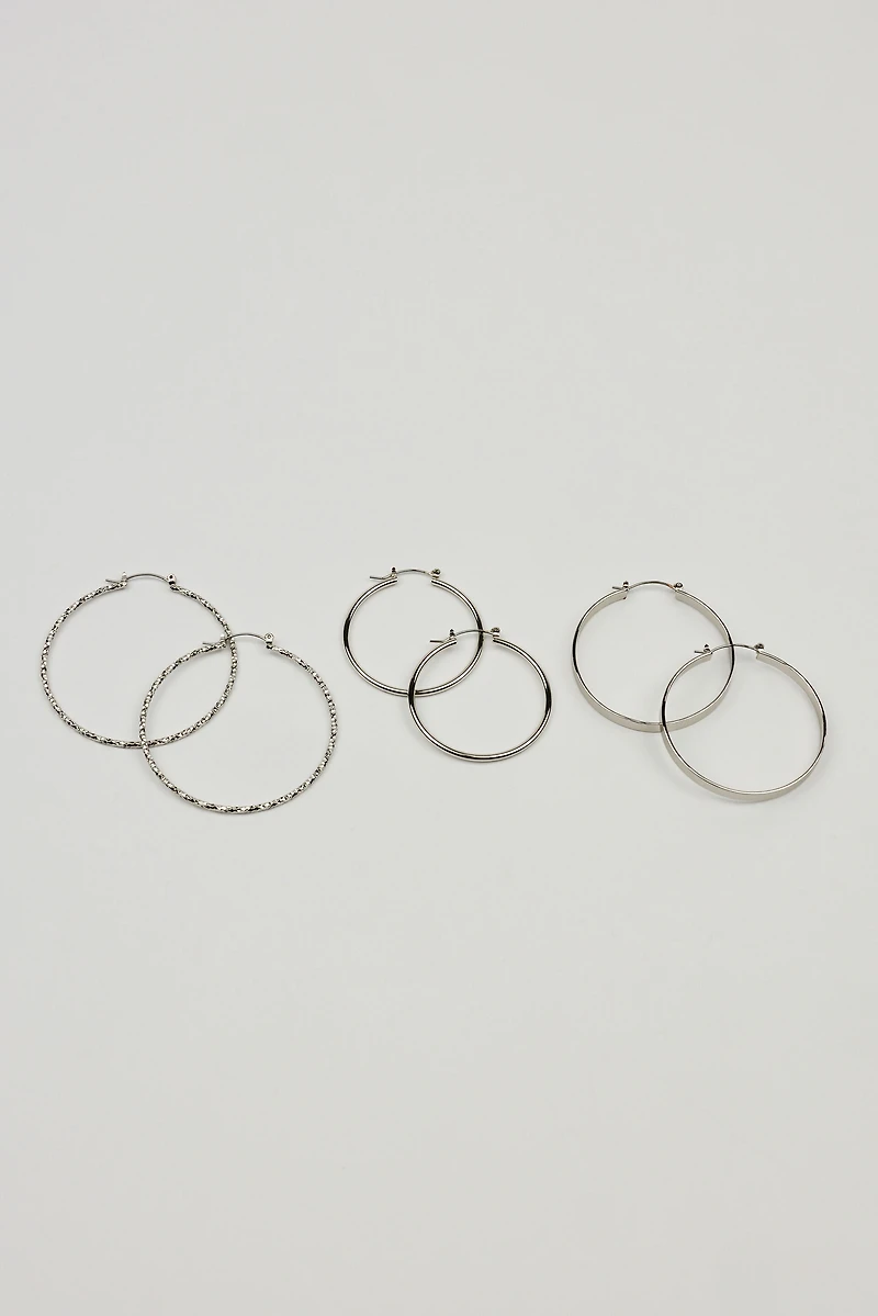 3 Pack Smooth & Textured Hoop Earrings