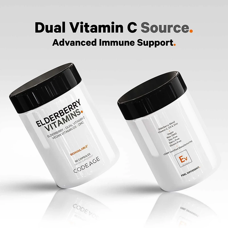 Elderberry Immune Complex - Daily Vitamin C Vegan D3 & Zinc Supplement - 90 Capsules (30 Servings)