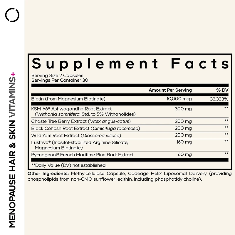 Menopause Hair & Skin Vitamins+ - 60 Vegetable Capsules (30 Servings)