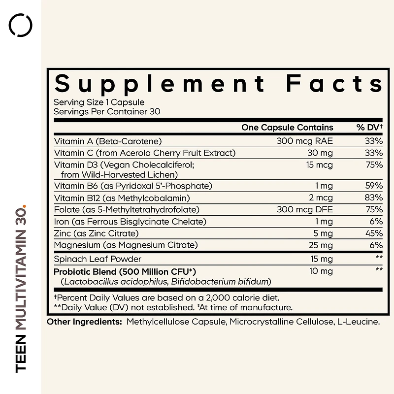 Teen Multivitamin - 30 Vegetable Capsules (30 Servings)