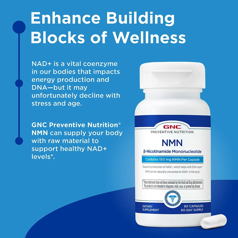 GNC Preventive Nutrition® NMN – NAD+ Support Capsules - 60 Capsules (60 Servings)