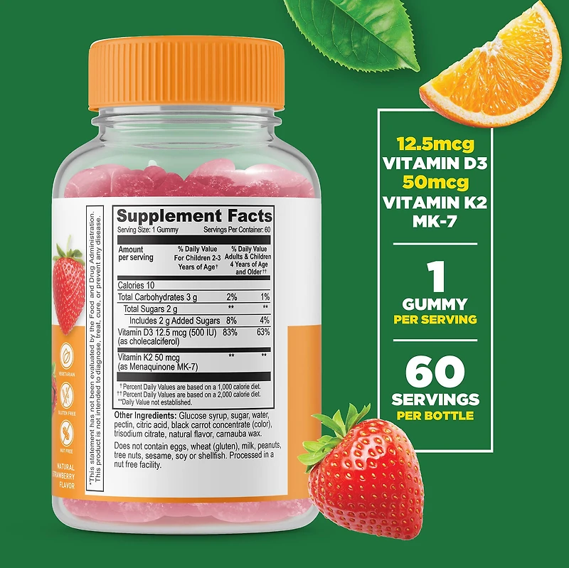 Vitamin D3 + K2 Kids Gummies - Strawberry - 60 Gummies (60 Servings)