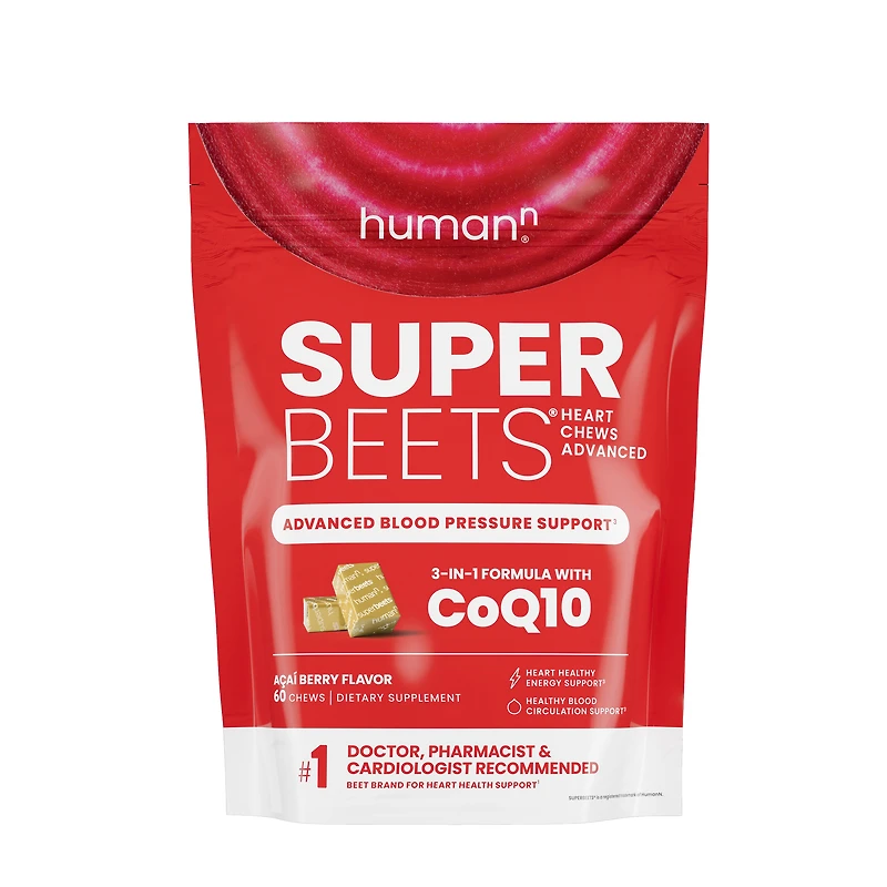 HumanN Superbeets Advanced Heart Chews Blood Pressure Support Healthy - Acai Berry 60 (30 Servings)