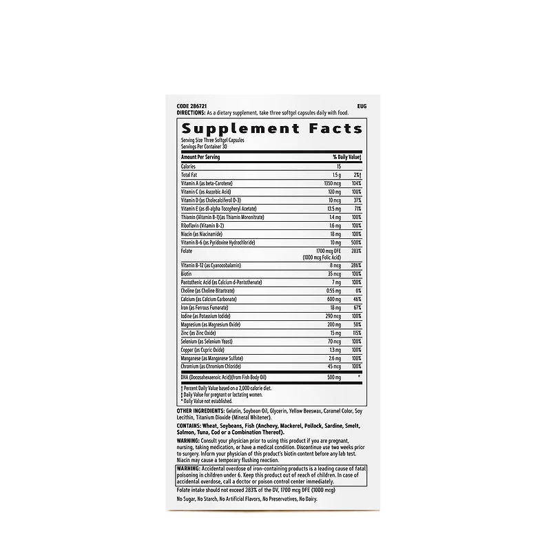 Multivitamin Prenatal Formula with DHA & Iron - 90 Softgels (30 Servings)