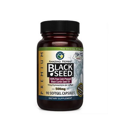 Amazing Herbs Black Seed 100% Pure Cold-Pressed Cumin Oil - 90 Capsules (45 Servings)