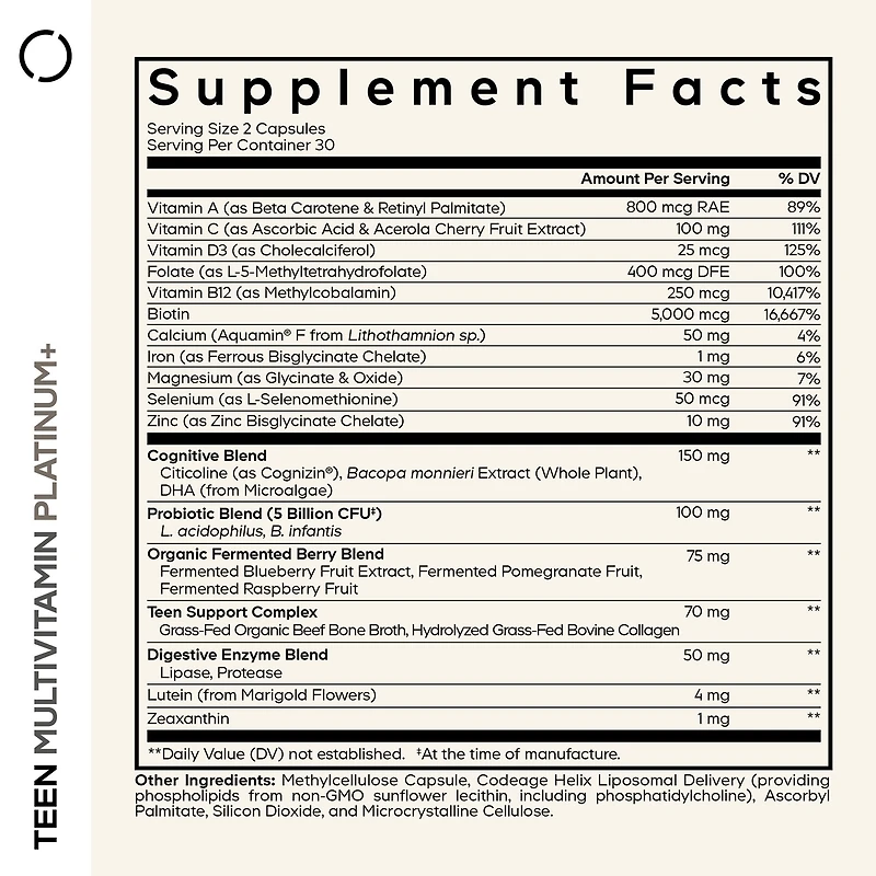 Teen Multivitamin+ Platinum - 60 Vegetable Capsules (30 Servings)