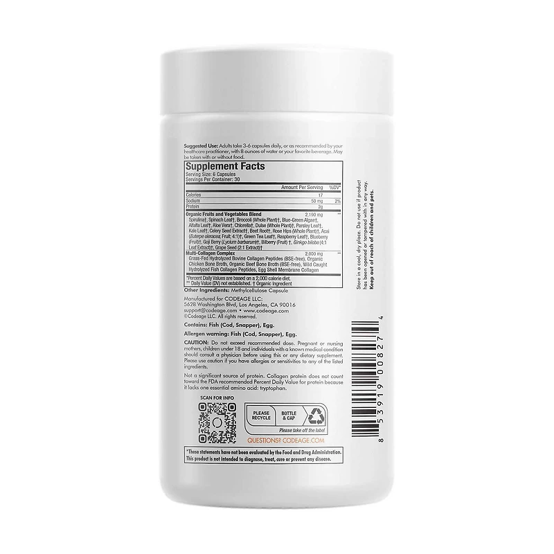 Hydrolyzed Multi Collagen Peptides Raw Greens with 21 Fruits & Veggies - 180 Capsules (30 Servings)