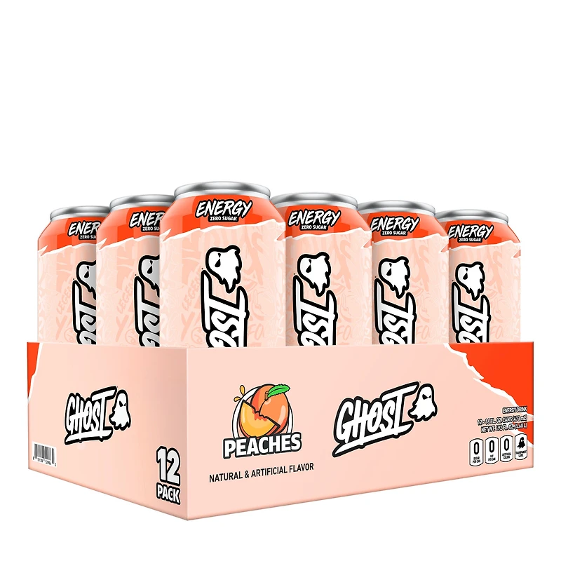 GHOST Energy Drink Vitamin B - Peaches 16 Fl Oz. (12 Cans) Zero Sugar
