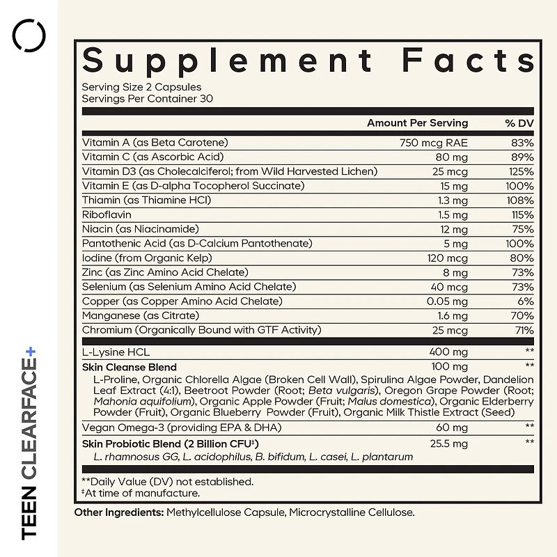 Teen Clearface Daily Multivitamin & Minerals - 60 Capsules (30 Servings)