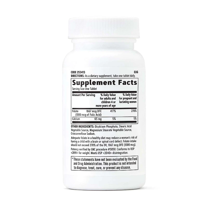 Folic Acid 1000 MCG - 100 Vegetarian Tablets (100 Servings)