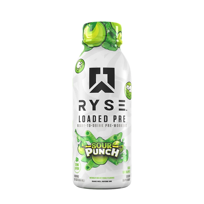 RYSE Loaded Pre-Workout Rtd - Sour Punch Green Apple 12 Fl Oz (12 Bottles)