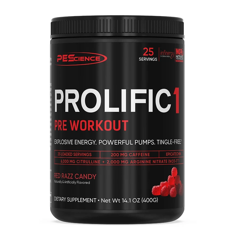 PEScience Prolific 1 Pre-Workout - Red Razz Candy (25 Servings)