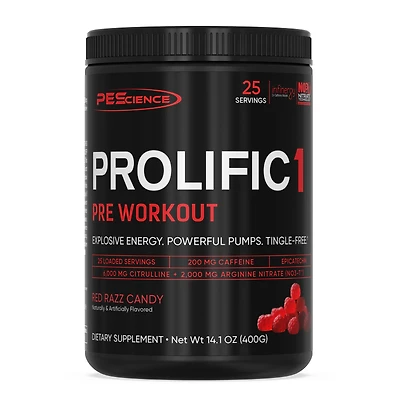 PEScience Prolific 1 Pre-Workout - Red Razz Candy (25 Servings)