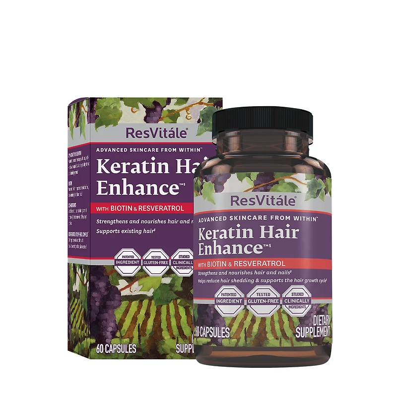 ResVitále Keratin Hair Enhance with Biotin and Resveratrol Vitamin B - 60 Capsules (30 Servings)