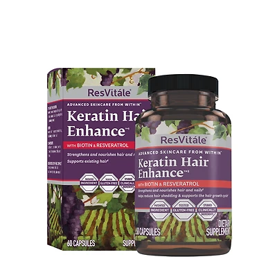 ResVitále Keratin Hair Enhance with Biotin and Resveratrol Vitamin B - 60 Capsules (30 Servings)