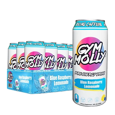 Gym Molly Energy Drink Vegan - Blue Raspberry Lemonade 16Oz. (12 Cans) Zero Sugar