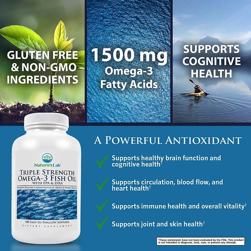 Triple Strength Omega-3 Fish Oil with EPA & DHA - 180 Softgels (90 Servings)