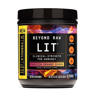 Beyond Raw Lit Pre-Workout 2.0 - Passion Orange Guava (30 Servings) Zero Sugar