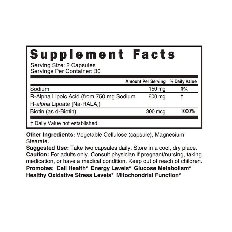 R Lipoic Acid Plus 600mg - 60 Vegan Capsules (30 Servings)