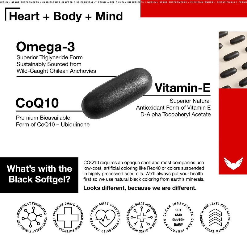 Heart + Body + Mind: CoQ10, Omega-3, Vitamin-E (30 Servings)