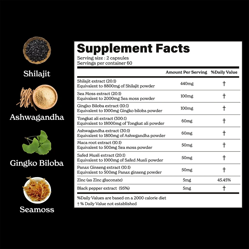 Shilajit Sea Moss - 120 Capsules (60 Servings)