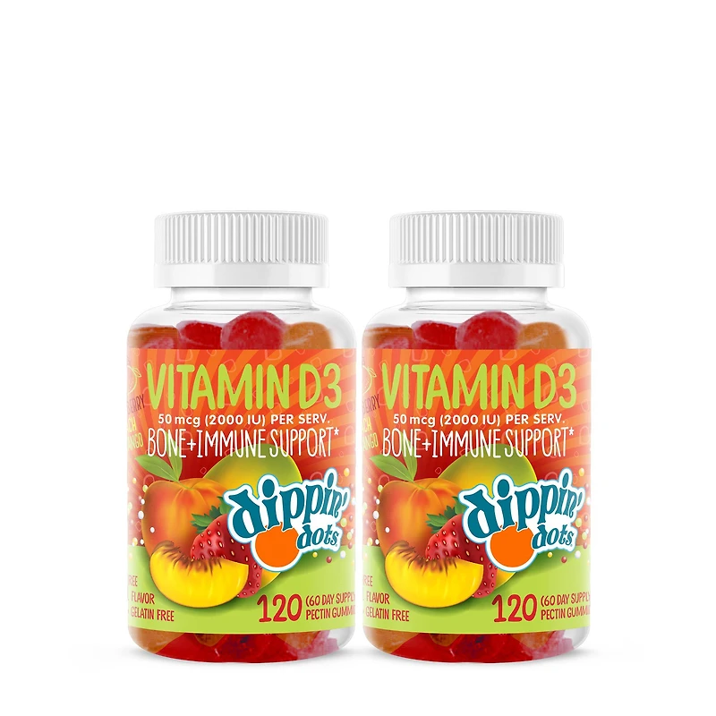 Dippin' Dots Vitamin D3 50Mcg Gummies - Strawberry Peach Mango Twin Pack (60 Servings Each)
