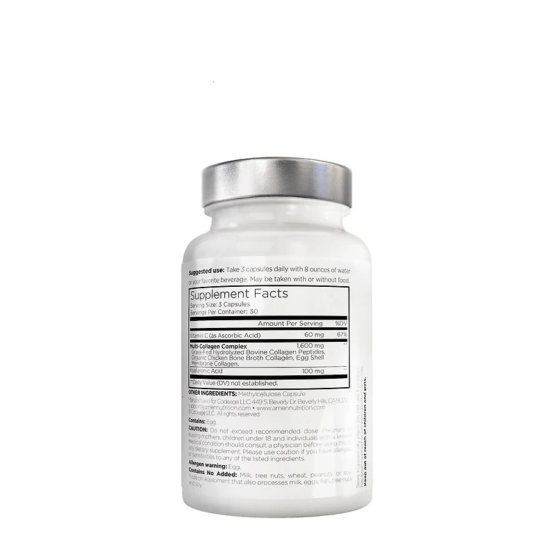 Amen Collagen Hydrolyzed Multi Collagen Peptides + Vitamin C - 90 Veggie Capsules (30 Servings)