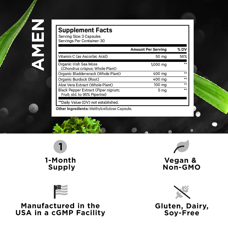 AMEN Sea Moss + Vitamin C - Aloe Vera & Black Pepper - 90 Vegetable Capsules (30 Servings)