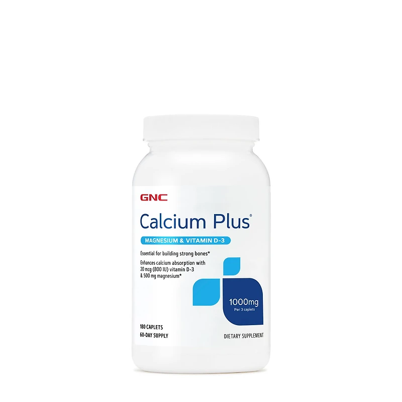 GNC Calcium Plus Magnesium & Vitamin D-3 1000 Mg Healthy - 180 Caplets (60 Servings)