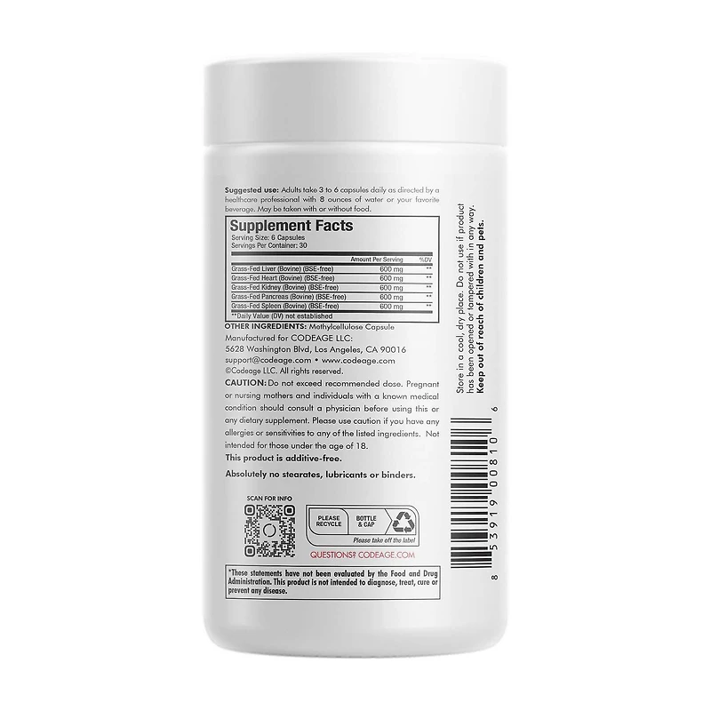 Grass-Fed Beef Organs - 180 Capsules (30 Servings)