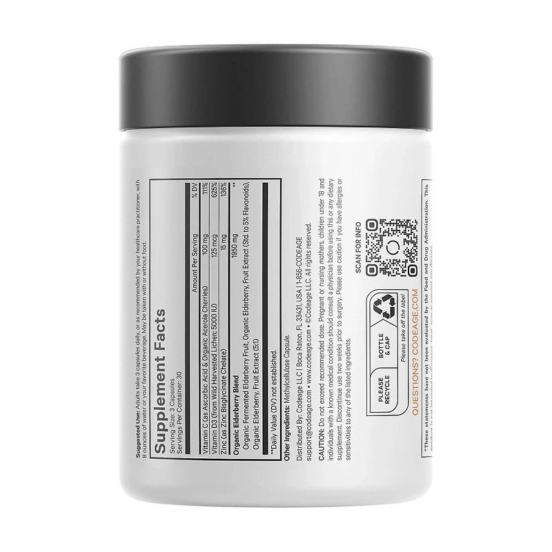 Elderberry Immune Complex - Daily Vitamin C Vegan D3 & Zinc Supplement - 90 Capsules (30 Servings)