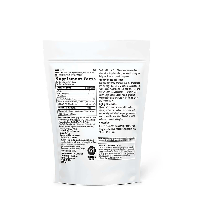 Calcium Citrate 500 mg - Berries & Cream Flavor - 30 Soft Chews (30 Servings)