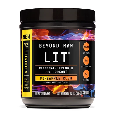 Beyond Raw Lit V2 Pre-Workout - Pineapple Rush (30 Servings) Zero Sugar