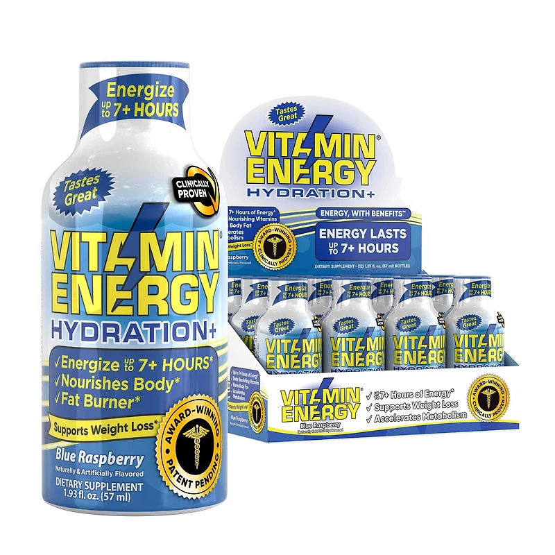 Vitamin Energy Sport+ Liquid Supplement - Blue Raspberry 1.93Oz. (12 Bottles) Zero Sugar