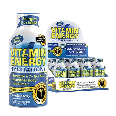 Vitamin Energy Sport+ Liquid Supplement - Blue Raspberry 1.93Oz. (12 Bottles) Zero Sugar