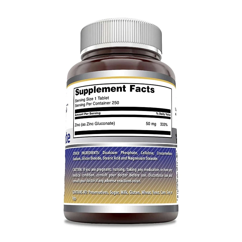 Zinc Gluconate 50mg - 250 Tablets (250 Servings)